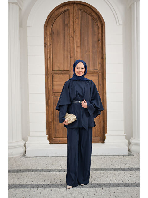 Locco Moda Kadın Önü Pile Detay Kemerli Takım Lacivert - S000511222-21164