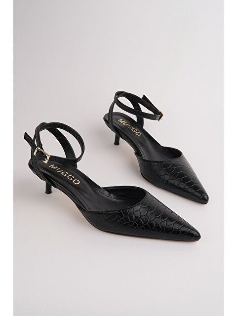 Muggo KİCK Kadın Kroko Desenli Sivri Burun İnce Topuklu Bilekten Bağlamalı Ayakkabı