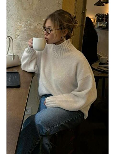 Madmext Ekru Boğazlı Kadın Triko Kazak Mg2535 - S000439060-19965