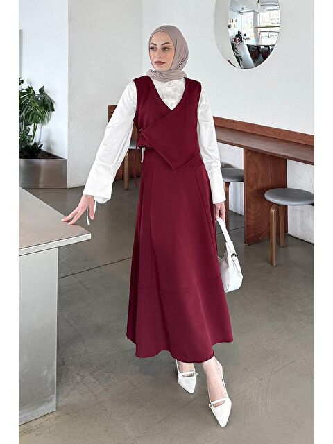 Lamelif Crop Yelek-Etekli İkili Takım Bordo - S000515414-19951