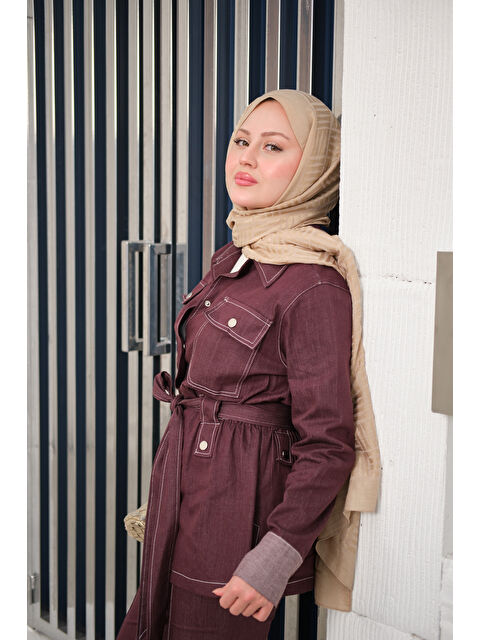 Locco Moda Kadın Çıt Çıt Detaylı Dikiş Detay Bel Bağlamalı Takım Bordo