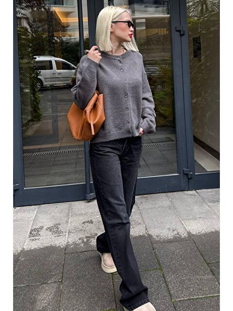 Madmext Antrasit Rahat Kalıp Düğmeli Triko Kadın Hırka Mg2552 - S000457815-29666