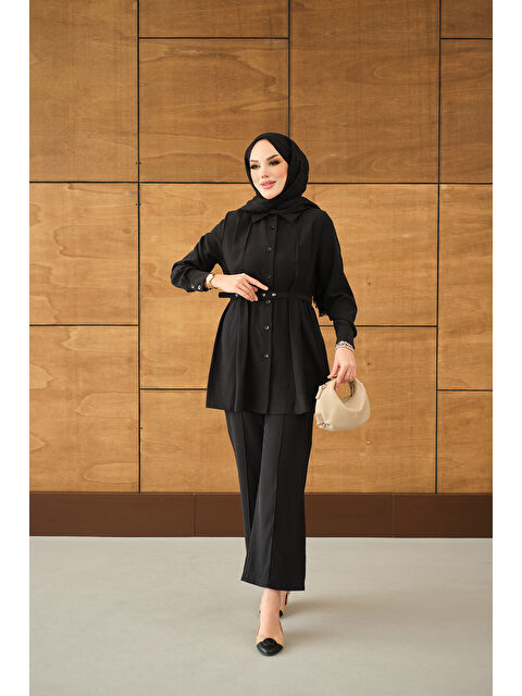 Locco Moda Kadın Kendinden Kemer Geçirme Detaylı Gömlek Yaka Takım Siyah