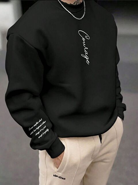 Trendseninle Erkek Siyah Kolu Baskılı Baskılı Oversize Uzun Kollu Sweatshirt - S000473717-19351