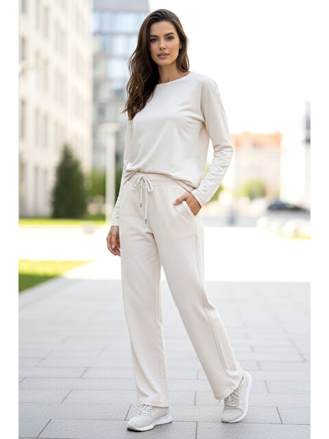 Remsa Beli Lastikli Pantolon Görünümlü Bol Paça Kadın Eşofman Altı 8015 Bej - S000334093-19928