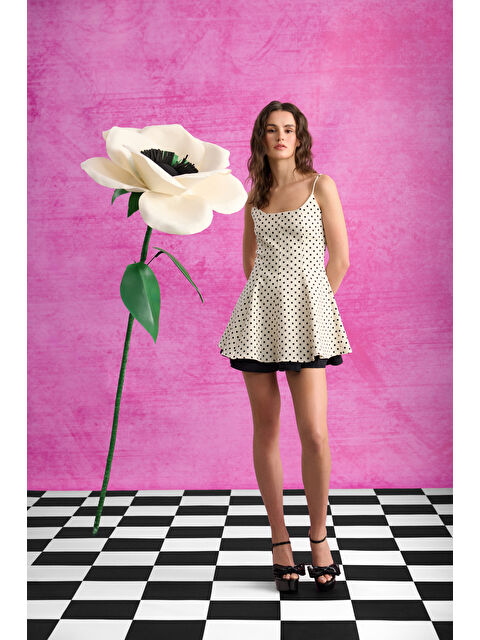 QUZU Puantiyeli Askılı Mini Elbise Krem - S000497532-19966