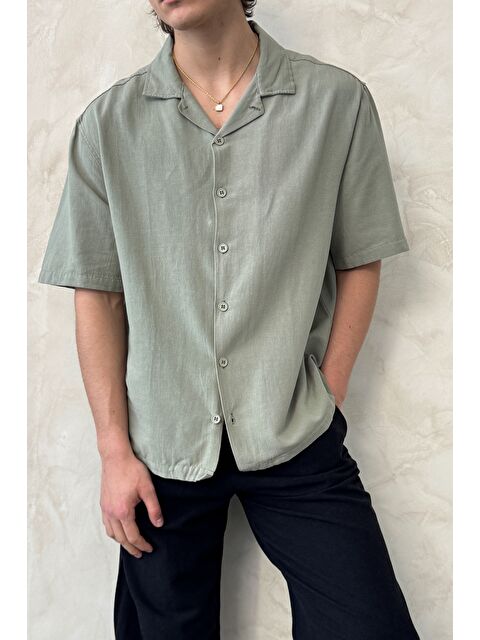 HYMAN Erkek Oversize Apaş Yaka Kısa Kollu Keten Gömlek - S000515500-18547