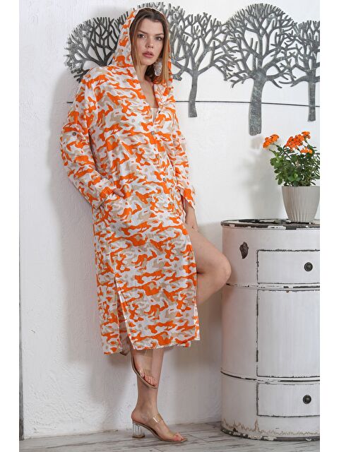 Chiccy Şeftali Rengi Kapüşonlu Uzun Kol Kamuflaj Düğmeli Gizli Cepli Dokuma Casual Elbise - S000358948-17605