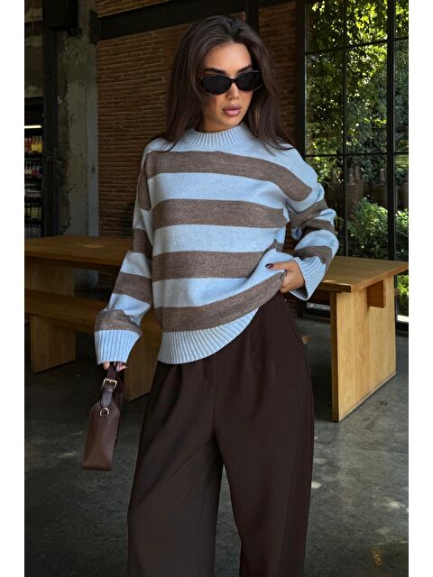 Madmext Camel Bisiklet Yaka Çizgili Oversize Triko Kazak Mg1972 - S000127733-4557