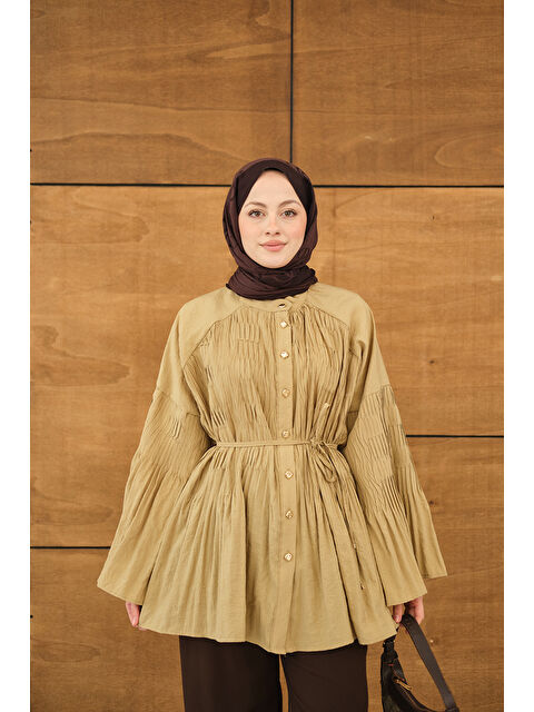 Locco Moda Kadın Martha Düğmeli Belden Bağlamalı Gömlek Yağ Yeşil - S000529915-18194