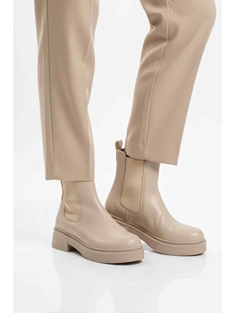 Ayakmod Bej Cilt Kolay Giyilebilir Polarlı Kaymaz Kadın Chelsea Bot 209134 Z - S000458262-19927