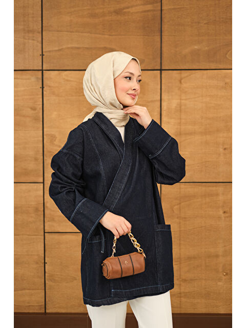 Locco Moda Kadın Yandan Bağlamalı Jean Kimono Lacivert