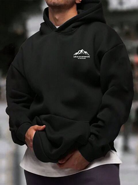 Trendseninle Siyah Life is an Adventure Baskılı Oversize Kapüşonlu Sweatshirt Uzun Kollu Hoodie - S000473719-19351