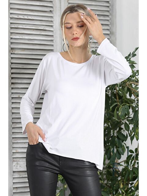 Chiccy Beyaz Yuvarlak Yaka Uzun Kol Geniş Kesim Örme Asimetrik Bluz - S000468757-20063