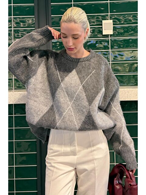 Madmext Koyu Gri Bisiklet Yaka Baklava Desen Kadın Kazak Mg2471 - S000437759-29351