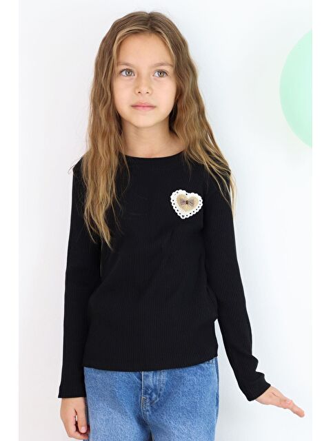 Breeze Kız Çocuk Uzun Kollu Tişört Kalp Armalı Fiyonklu Siyah (5-10 Yaş) - S000490197-19351