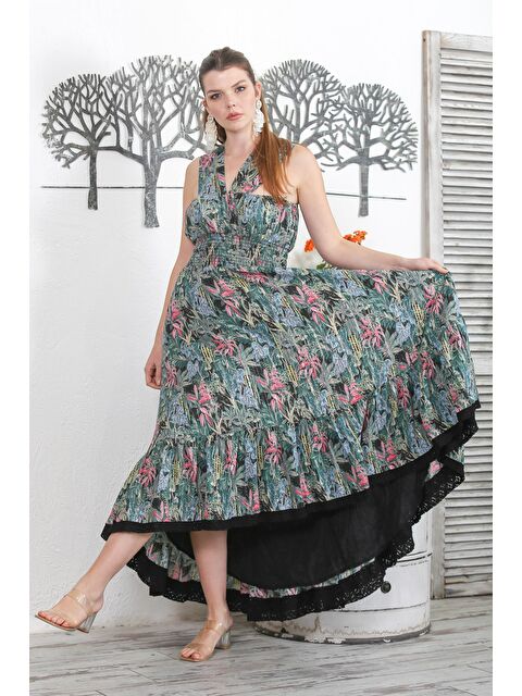 Chiccy Çam Yeşili Askılı Çiçekli Astarlı Etek Ucu Dantelli Dokuma Lastikli Bel Tasarım Elbise - S000468756-29488