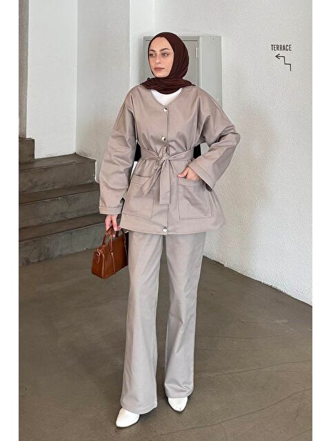 Lamelif Kuşaklı Gabardin Takım Taş - S000515462-25636