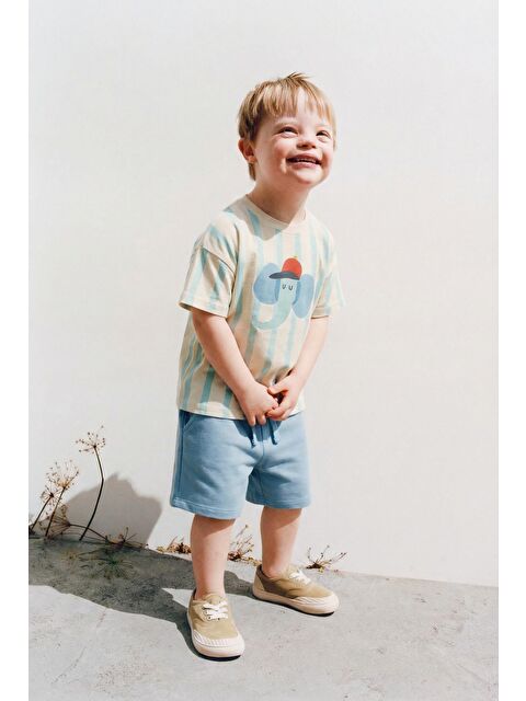 Magu Erkek Çocuk Pamuklu Bej Çizgili Fil Baskılı T-Shirt Şort Takım - Bağcıklı Rahat Set - S000516578-23173