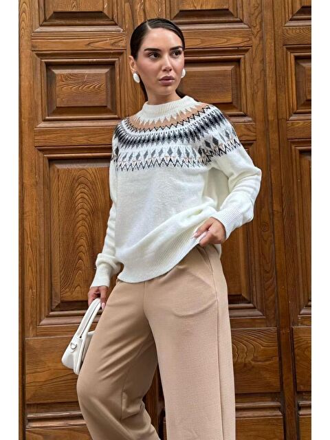 Madmext Kemik Rengi Bisiklet Yaka Desenli Kadın Triko Kazak Mg2502 - S000437758-16277