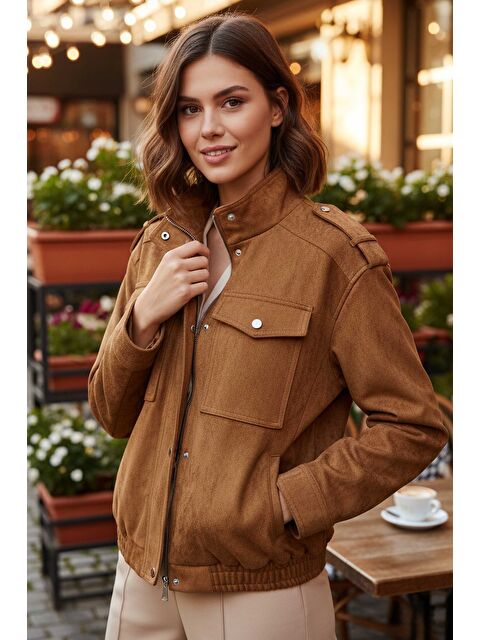 Tofisa Çift Cepli Beli Lastikli Süet Ceket Taba - 28091-TABA - S000495256-14955