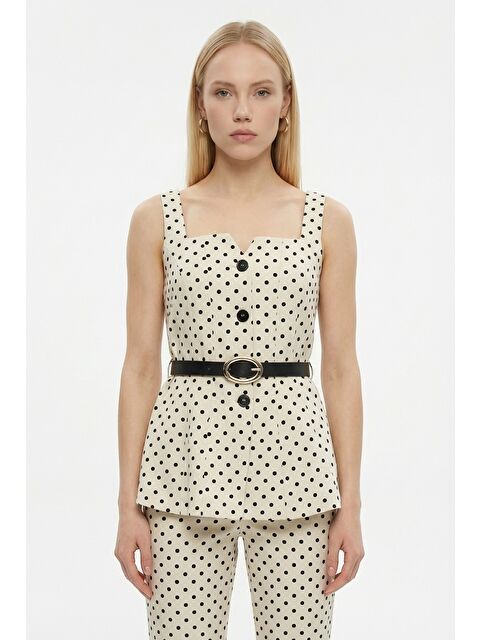 QUZU Puantiyeli Kemerli Kare Yaka Bluz Krem - S000497538-19966