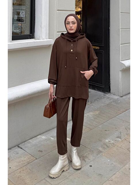 Lamelif Kapüşonlu İkili Takım Acı Kahverengi - S000515431-28102