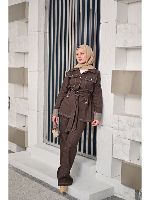 Locco Moda Kadın Çıt Çıt Detaylı Dikiş Detay Bel Bağlamalı Takım Kahverengi