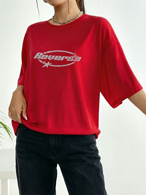 Trendseninle Kadın Kırmızı Star Yıldızı Baskılı Tişört - S000529991-20045