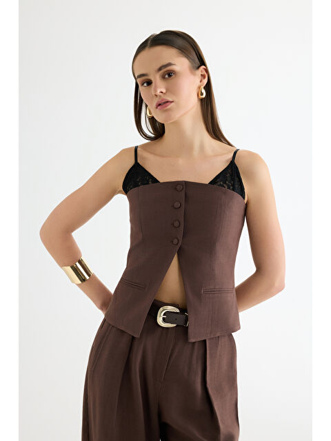 QUZU Dantel Askı Garnili Bustiyer Bluz Kahverengi - S000497539-19413