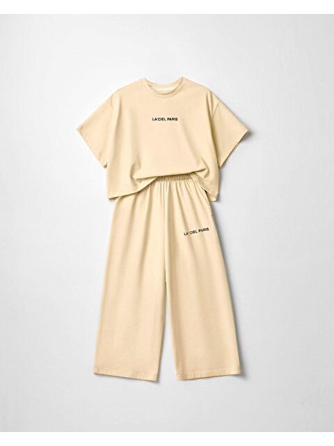 Magu Kız Çocuk Pamuklu Bej Baskılı T-Shirt Pantolon Takım - Bol Kesim Rahat Set - S000516581-19928