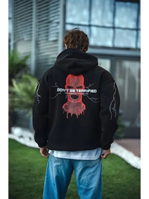 Jane's Üç İplik Kapüşonlu Baskılı Oversize Sweatshirt- Siyah