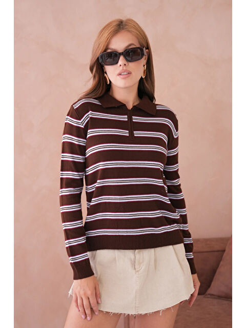 carla10 Kadın Polo Yaka Çizgi Detay Oversize Triko Kazak - S000529993-19413