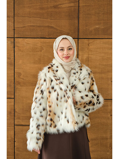 Locco Moda Kadın Leopar Desen Kısa Kürk Ekru - S000494430-19965