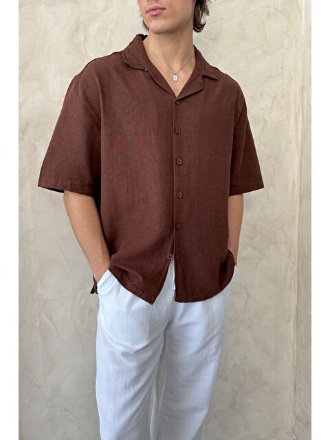 HYMAN Erkek Oversize Apaş Yaka Kısa Kollu Keten Gömlek - S000515500-19413