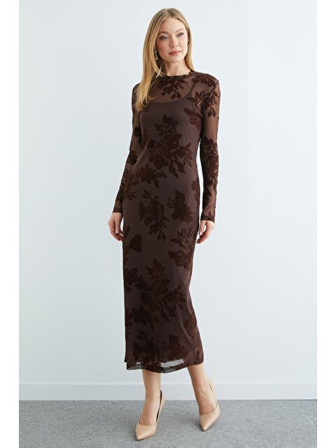 Fullamoda Kadife Detaylı Astarlı Maxi Boy Transparan Elbise - S000494395-19413