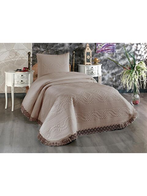 Çeyiz Diyarı Limena Dantelli Kapitoneli Tek Kişilik Yatak Örtüsü Açık Cappucino - S000485881-23173