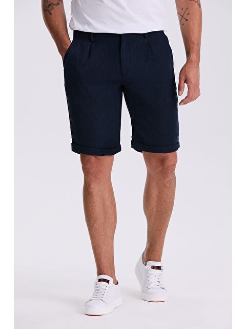 JAKAMEN Koyu Lacivert Comfort Fit Keten Dokulu Rahat Kesim Duble Paça Şort - S000496077-21164