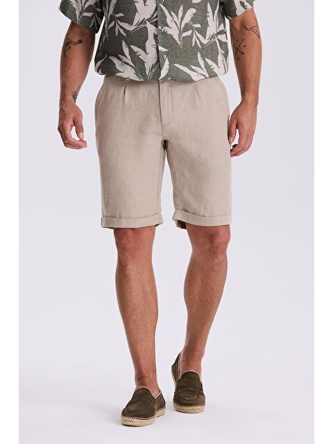 JAKAMEN Bej Comfort Fit Keten Dokulu Rahat Kesim Duble Paça Şort - S000496077-19928