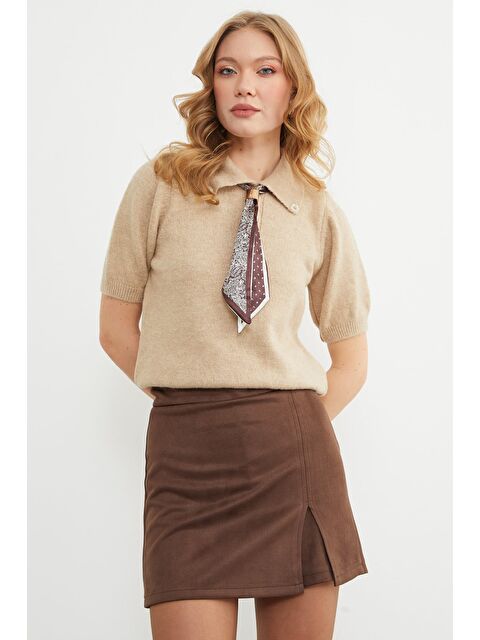 Fullamoda Fular Detaylı Polo Yaka Kısa Kol Triko Kazak - S000494431-26429