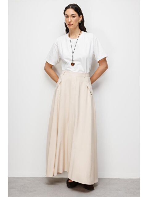Mizalle Geniş Volanlı Cepli Bej Rengi Evaze Maksi Etek - S000532383-19928