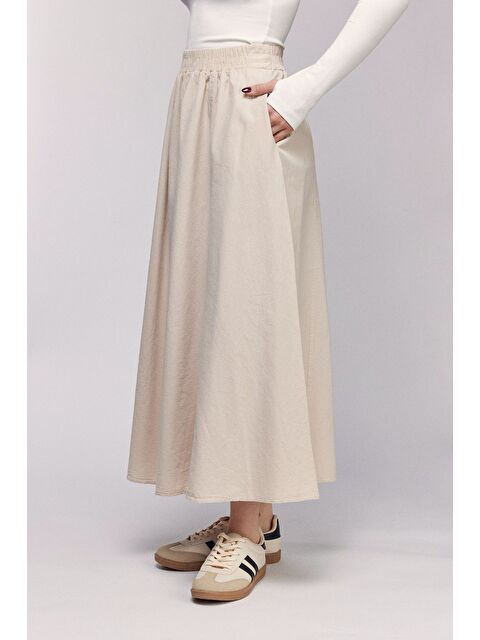Saade Bej Kadın A Kesim Yüksek Bel Cepli Dökümlü Kloş Etek - Dokulu Keten - S000498945-19928