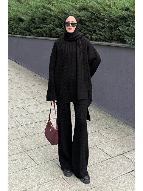 Lamelif Atkılı Örgü Desen İkili Takım Siyah - S000515427-19351