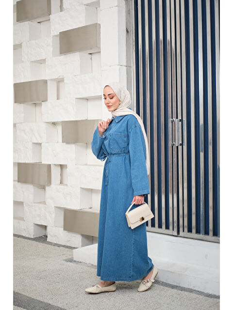 Locco Moda Kadın Tek Cep Detay Gömlek Yaka Jean Elbise Buz Mavi - S000511141-3053