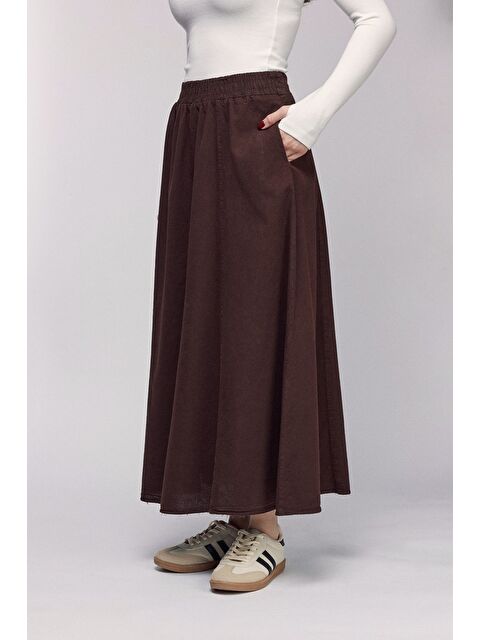 Saade Kahverengi Kadın A Kesim Yüksek Bel Cepli Dökümlü Kloş Etek - Dokulu Keten - S000498945-19413