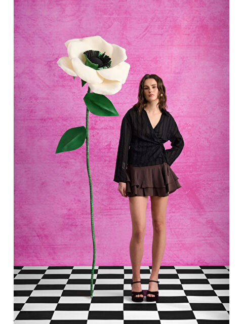 QUZU Anvelop Yaka Bağcıklı Tül Bluz Siyah - S000497545-19351