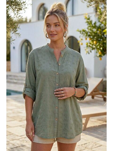 Chiccy Haki Hakim Yaka Düğmeli Uzun Kollu Düğmeli Casual Müslin Dokuma Gömlek 75 63