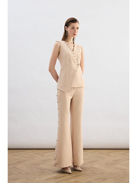 SATEEN Yanları İnci Aksesuarlı Pantolon - Bej - S000497824-19928