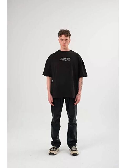 Jane's Unisex Bisiklet Yaka Baskılı Oversize T-Shirt - Siyah - S000528491-19351