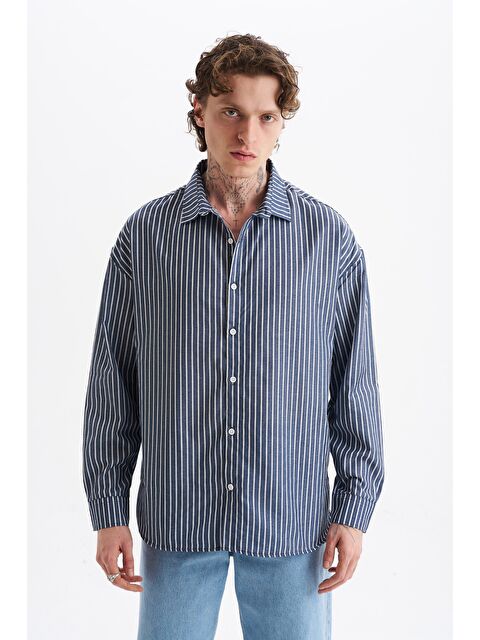 Danger Erkek %100 Pamuklu Çizgili Gömlek Lacivert - S000522430-21164